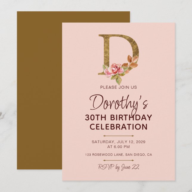Buchstabe D Gold Monogramm Blush Rosa Rosen Einladung (Vorne/Hinten)