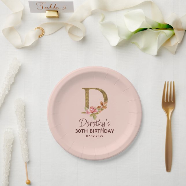 Buchstabe D Gold Monogramm Blush Rosa Rosen Pappteller (Hochzeit)