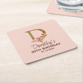 Buchstabe D Gold Monogramm Blush Rosa Rosen Rechteckiger Pappuntersetzer
