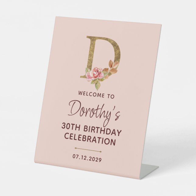 Buchstabe D Gold Monogramm Blush Rosa Rosen Schild (Vorderseite)