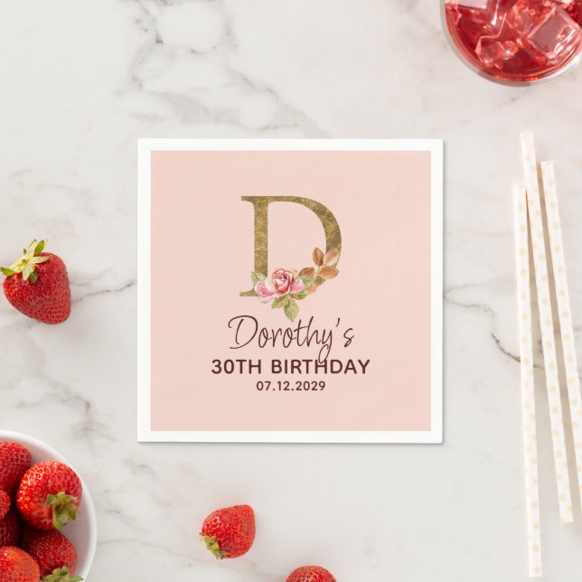 Buchstabe D Gold Monogramm Blush Rosa Rosen Serviette (Beispiel)