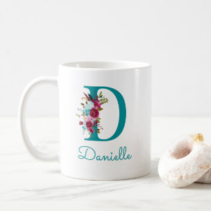 Buchstabe D Türkis Rosa Blumenmuster Kaffeetasse