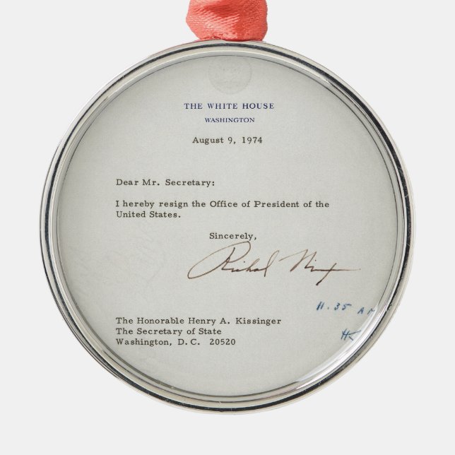 Buchstabe der Resignation von Richard M. Nixon Silbernes Ornament (Vorne)