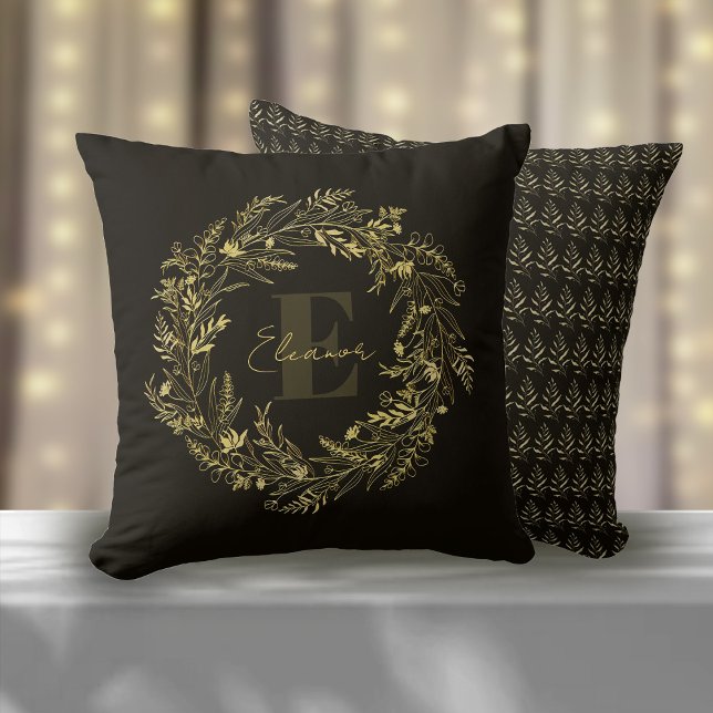 Buchstabe E Elegantes goldenes Blatt-Monogramm Kissen (Von Creator hochgeladen)