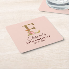 Buchstabe E Gold Monogramm Blush Rosa Rosen Rechteckiger Pappuntersetzer