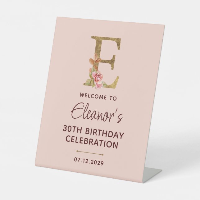 Buchstabe E Gold Monogramm Blush Rosa Rosen Schild (Vorderseite)
