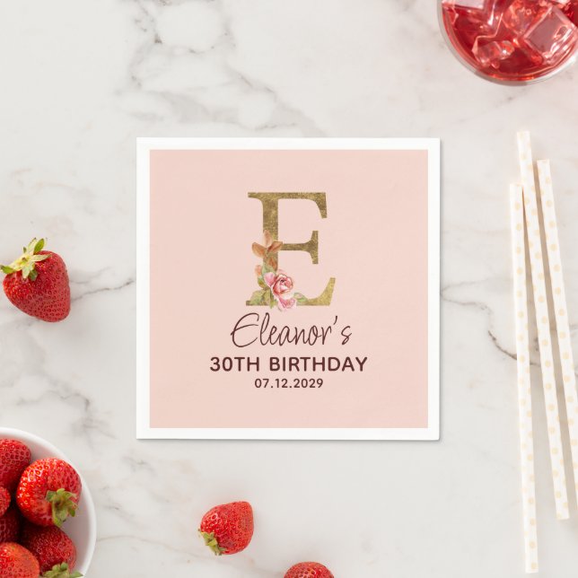 Buchstabe E Gold Monogramm Blush Rosa Rosen Serviette (Beispiel)