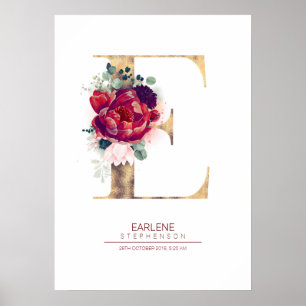 Buchstabe E Monogramm Floral Burgunderrot und Gold Poster