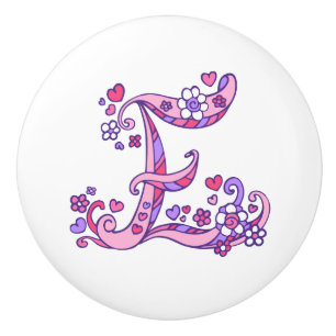 Buchstabe E Monogramm Herzen Blumen rosa lila Grif Keramikknauf