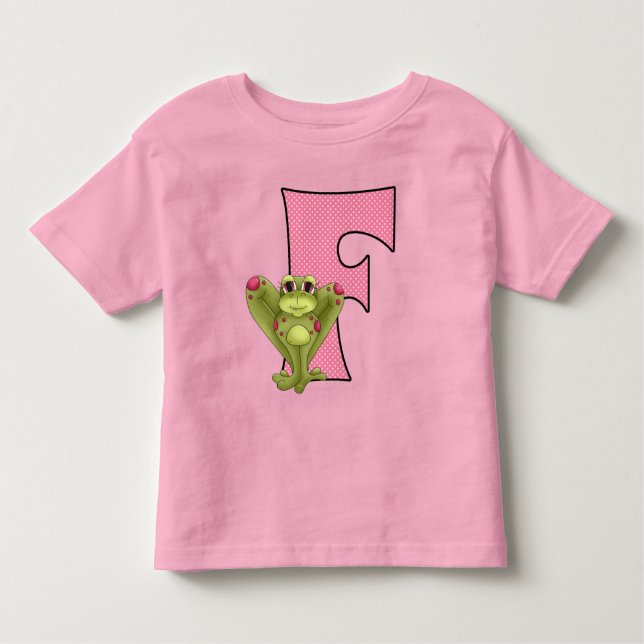 Buchstabe F für Frosch in rosa und grünen Polka-Pu Kleinkind T-shirt (Vorderseite)