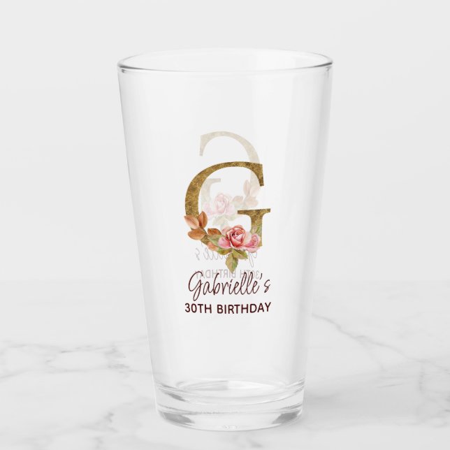 Buchstabe G Gold Monogramm Blush Rosa Rosen Glas (Vorderseite)
