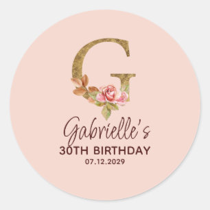 Buchstabe G Gold Monogramm Blush Rosa Rosen Runder Aufkleber