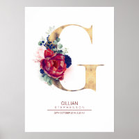Buchstabe G Monogramm Floral Marineblau und Burgun