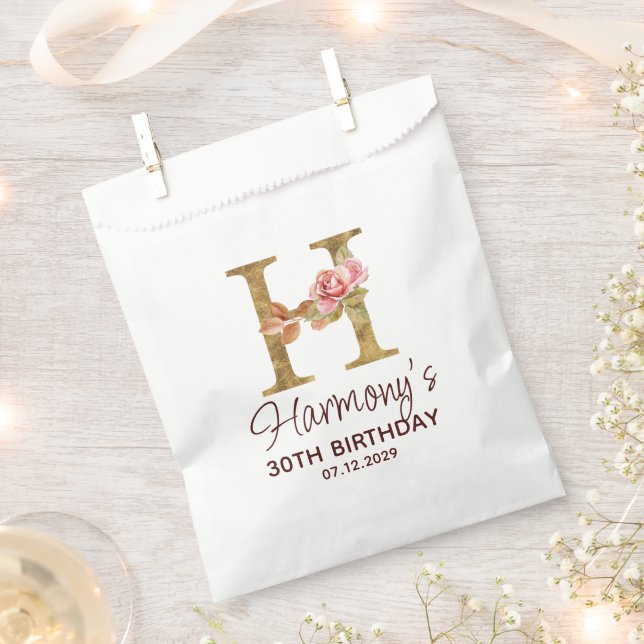Buchstabe H Gold Monogramm Blush Rosa Rosen Geschenktütchen (Ausgeschnitten)
