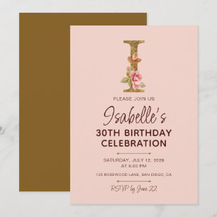 Buchstabe I Gold Monogramm Blush Rosa Rosen Einladung