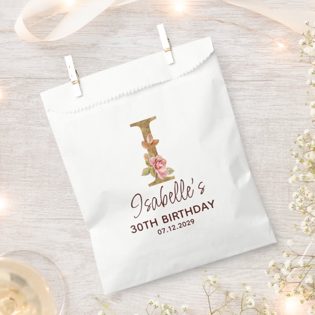 Buchstabe I Gold Monogramm Blush Rosa Rosen Geschenktütchen (Ausgeschnitten)