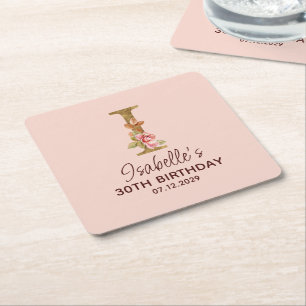 Buchstabe I Gold Monogramm Blush Rosa Rosen Rechteckiger Pappuntersetzer