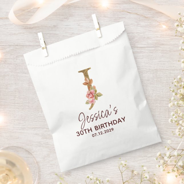 Buchstabe J Gold Monogramm Blush Rosa Rosen Geschenktütchen (Ausgeschnitten)