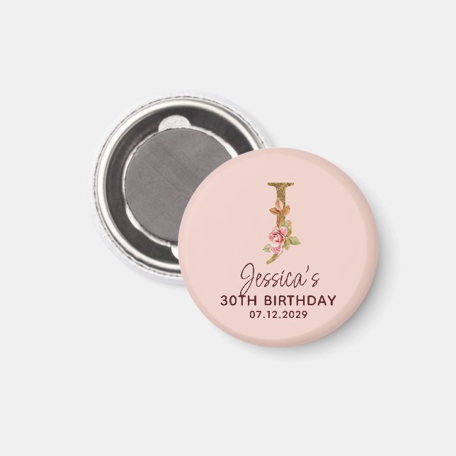 Buchstabe J Gold Monogramm Blush Rosa Rosen Magnet (Vorderseite/Rückseite)