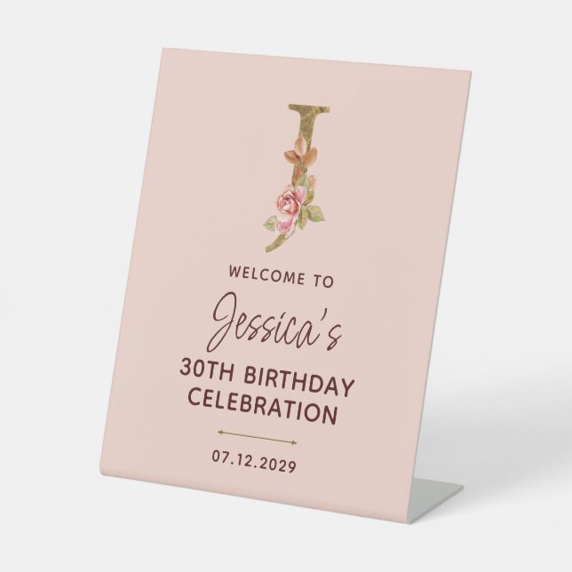 Buchstabe J Gold Monogramm Blush Rosa Rosen Schild (Vorderseite)