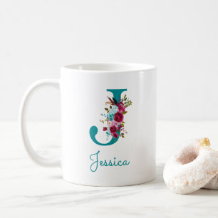 Buchstabe J Türkis Rosa Blumenmuster Kaffeetasse