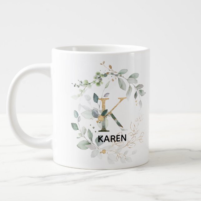 Buchstabe 'K' Alphabet Initial w Name Greenery Wre Jumbo-Tasse (Links)