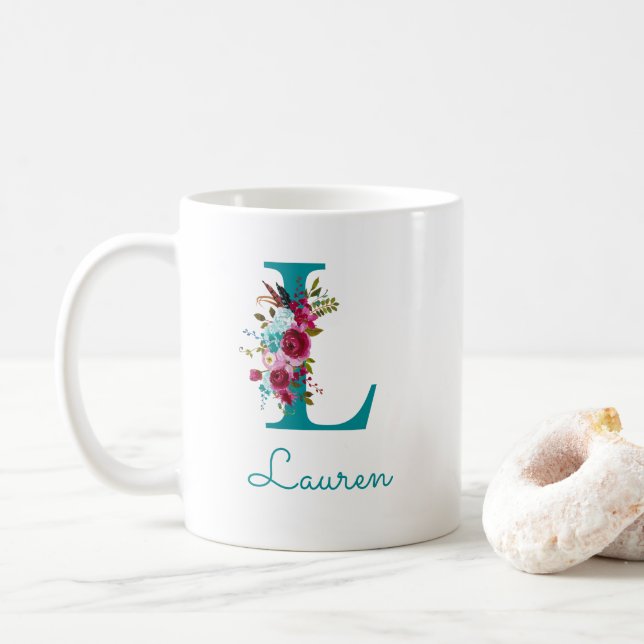 Buchstabe L Aquamarin rosa Kaffeetasse (Mit Donut)