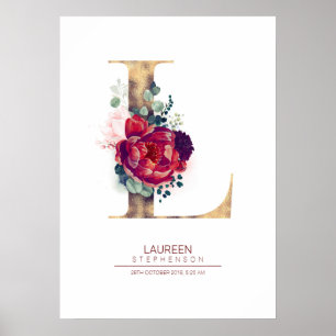 Buchstabe L Monogramm Floral Burgunderrot und Gold Poster