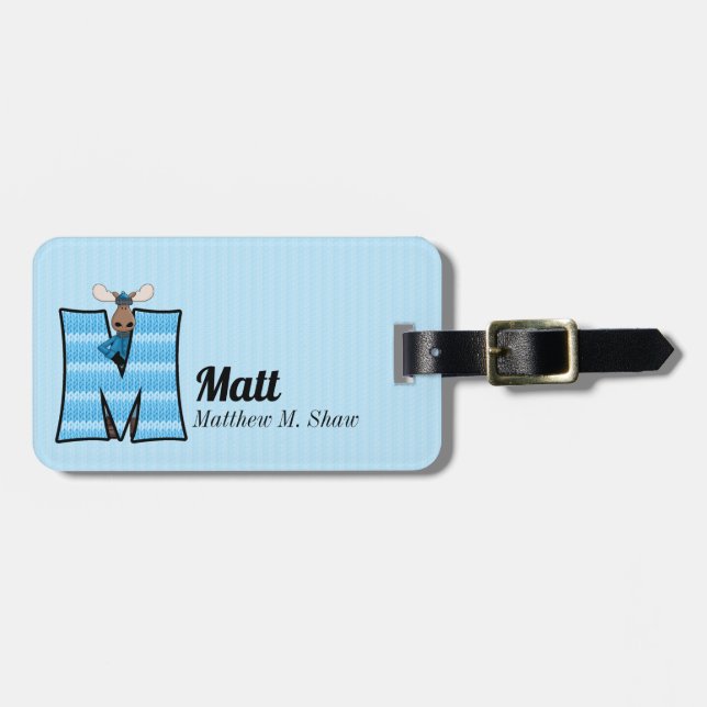 Buchstabe M für Elch in blauen Streifen für Jungen Gepäckanhänger (Vorderseite horizontal)