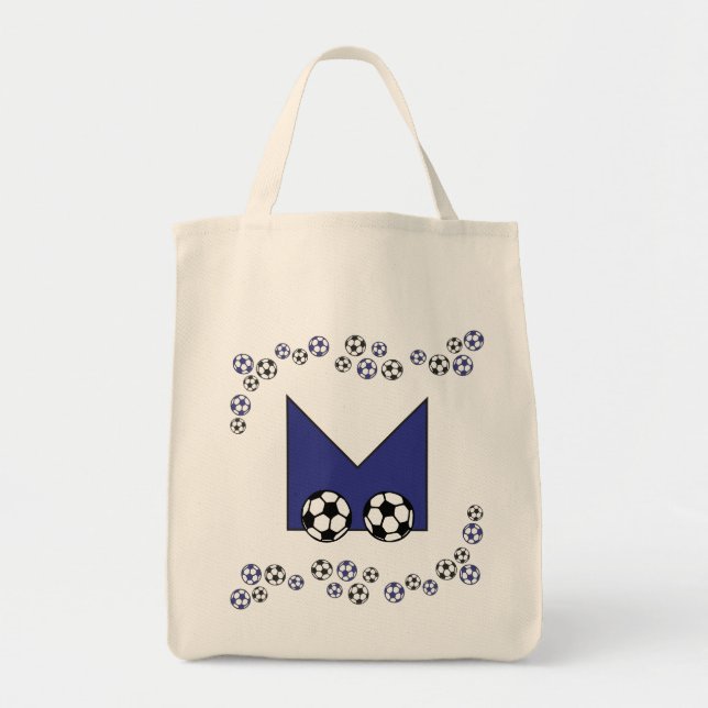 Buchstabe M Fußball-in der blauen Monogramm-Tasche Tragetasche (Vorne)