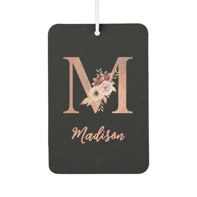 Buchstabe M Rosafarben Glitter Blumenmonogramm  Autolufterfrischer (Vorderseite)