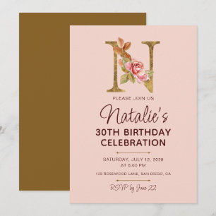 Buchstabe N Gold Monogramm Blush Rosa Rosen Einladung
