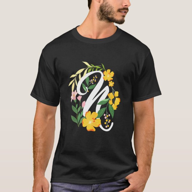 Buchstabe N Großbuchstabe Alphabet Blumen Monogram T-Shirt (Vorderseite)
