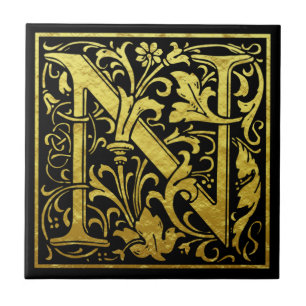 Buchstabe N Imitat Gold Schwarz Fliese