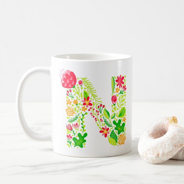 Buchstabe N in Blume Kaffeemaschine Tasse (Mit Donut)