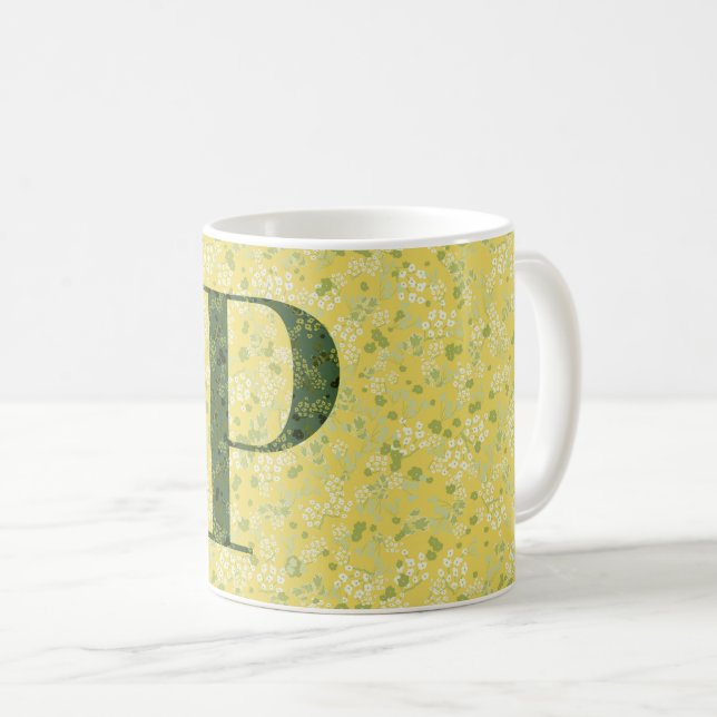 Buchstabe P hellgelbe und dunkelgrüne Freiheit Kaffeetasse (VorderseiteRechts)