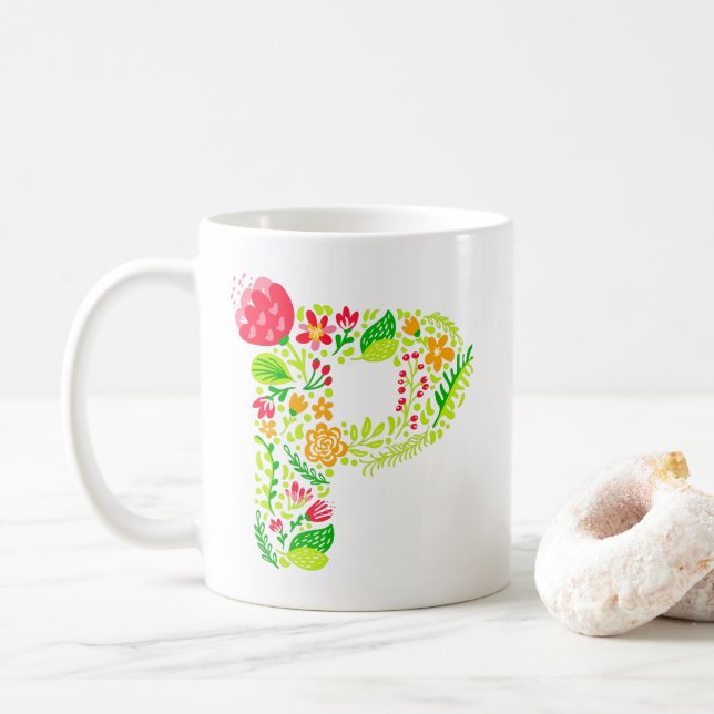Buchstabe P in Blume Kaffeezubereitung Tasse (Mit Donut)