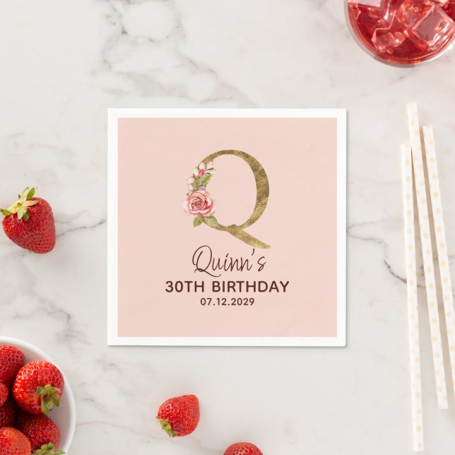 Buchstabe Q Gold Monogramm Blush Rosa Rosen Serviette (Beispiel)