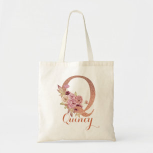 Buchstabe Q Rosafarben Glitter Blumenmonogramm Tragetasche
