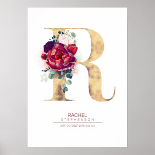 Buchstabe R Monogramm Floral Burgunderrot und Gold Poster