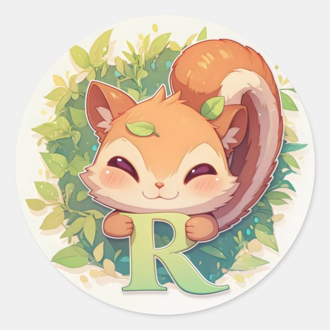 Buchstabe R Süßes Eichhörnchen  Runder Aufkleber (Vorderseite)