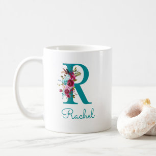 Buchstabe R Türkis Rosa Floral Kaffeetasse