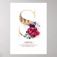 Buchstabe S Monogramm Floral Navyblau und Burgund