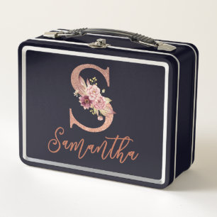 Buchstabe S Rosafarben Glitter Blumen-Monogramm Metall Brotdose