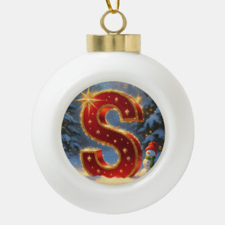 Buchstabe S Weihnachtsmann aus Schnee Personalisie Keramik Kugel-Ornament