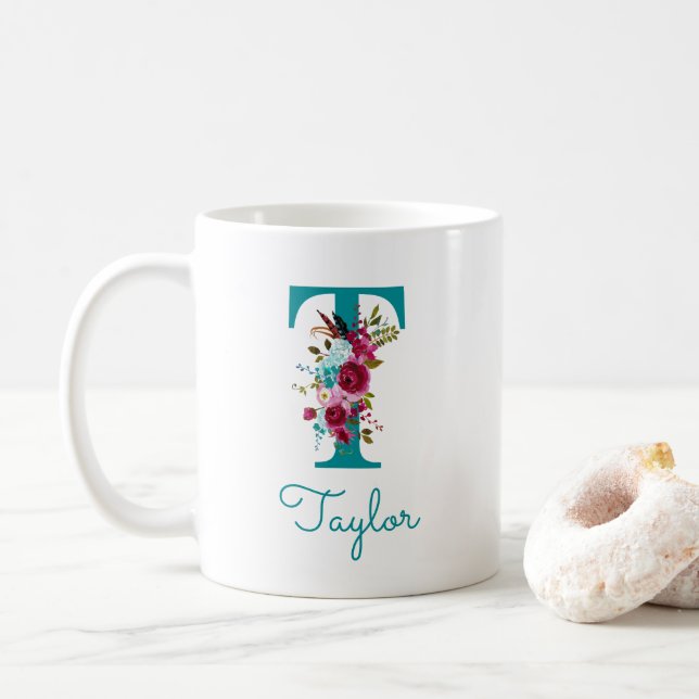 Buchstabe T Aquamarin rosa Kaffeetasse (Mit Donut)
