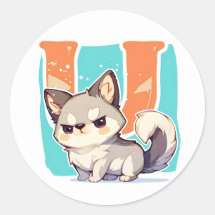 Buchstabe U Anime mürrischer Hund Runder Aufkleber