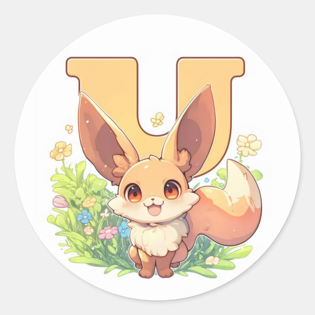 Buchstabe U Fantasy Anime Tier Runder Aufkleber (Vorderseite)