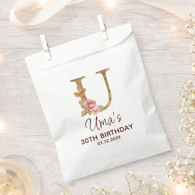 Buchstabe U Gold Monogramm Blush Rosa Rosen Geschenktütchen (Ausgeschnitten)