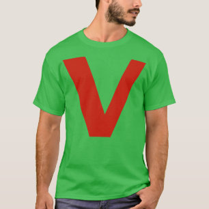 Buchstabe v in der minimalen Typografie des roten T-Shirt